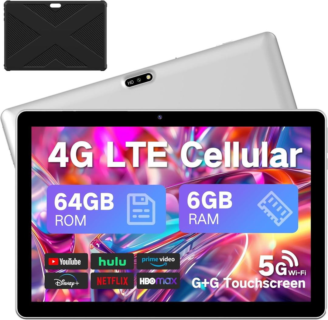 Tablet 10.1 inch Android Tablets, 2025 Cellular Tablets with SIM Card Slot, 4G LTE Tablet & Phone (Makes Calls), 64GB Storage (Expand to 1TB), Dual Cameras 8H Battery 5G WiFi with Case (Silver)