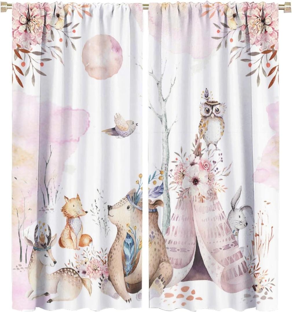 Forest Animal Curtains for Kids, Pink Watercolor Woodland Animal Window Treatments Fox Deer Owl Wildlife Safari Jungle Bear Window Drapes for Girls Nursery Toddler Bedroom 20"W x 44"L (Pack of 2), Animal-12