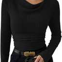 Pink Queen 2026 Spring Cowl Neck Tops for Women Long Sleeve Ruched Slim Fit Ribbed Knit Basic Shirts (Medium, Black)