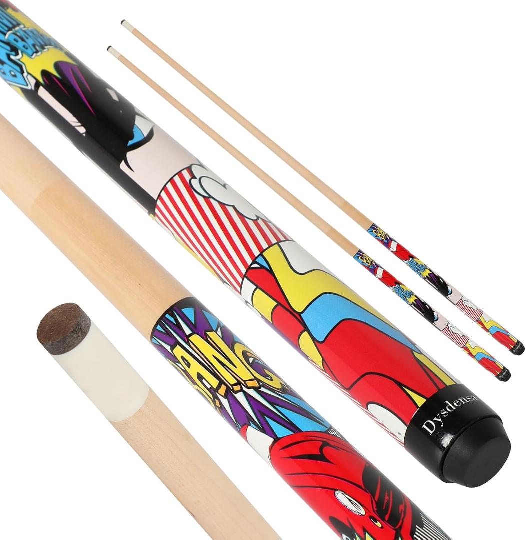 Dysdensa Kids Short Pool Cue Set of 2, Canadian Maple Wood,with UV-Printed Fun Designs and Leather Tip (42'')