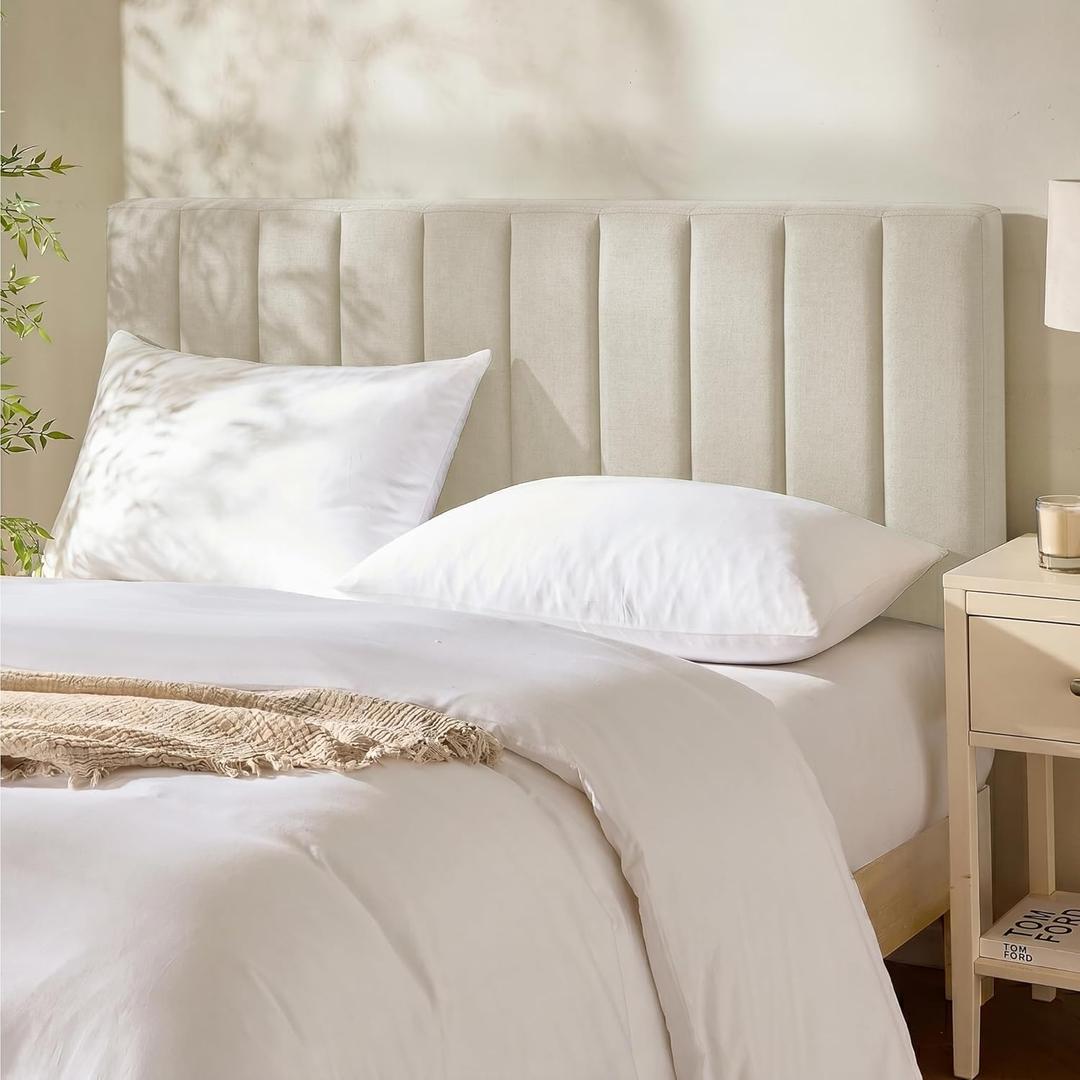 Hearth & Harbor Upholstered Queen Headboard - Easy Assemble Channel Stitched Headboard Queen Size - Wall Mounted Headboards with 3D Soundproof Wall Panels Peel & Stick Floating Headboards, Linen