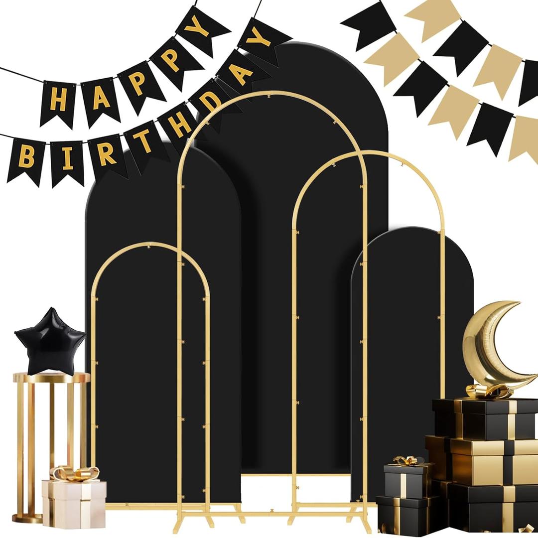 Gawicpy Wedding Arch Backdrop Stand Set Metal Arch Backdrop Stand with Wedding Arch Cover, Wedding Balloon Arch Backdrop Stand for Birthday, Baby Shower, Anniversary (Black, 4FT+5FT+6FT)