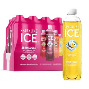 Sparkling Ice Pink Variety Pack, Flavored Sparkling Water, Zero Sugar, and Vitamins and Antioxidants, 17 fl oz, 12 count (Black Cherry, Peach Nectarine, Coconut Pineapple, Fruit Punch) BBD: 02/21/25
