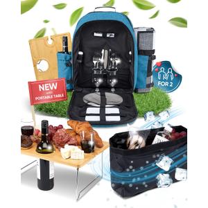 Picnic Backpack for 2 - All-in-One for Couples [with Picnic Blanket & Portable Wine Table] - Waterproof 32L - Insulated Picnic Set - Cooler Pouch & Wine Holder - Dating, Outdoor & Camping