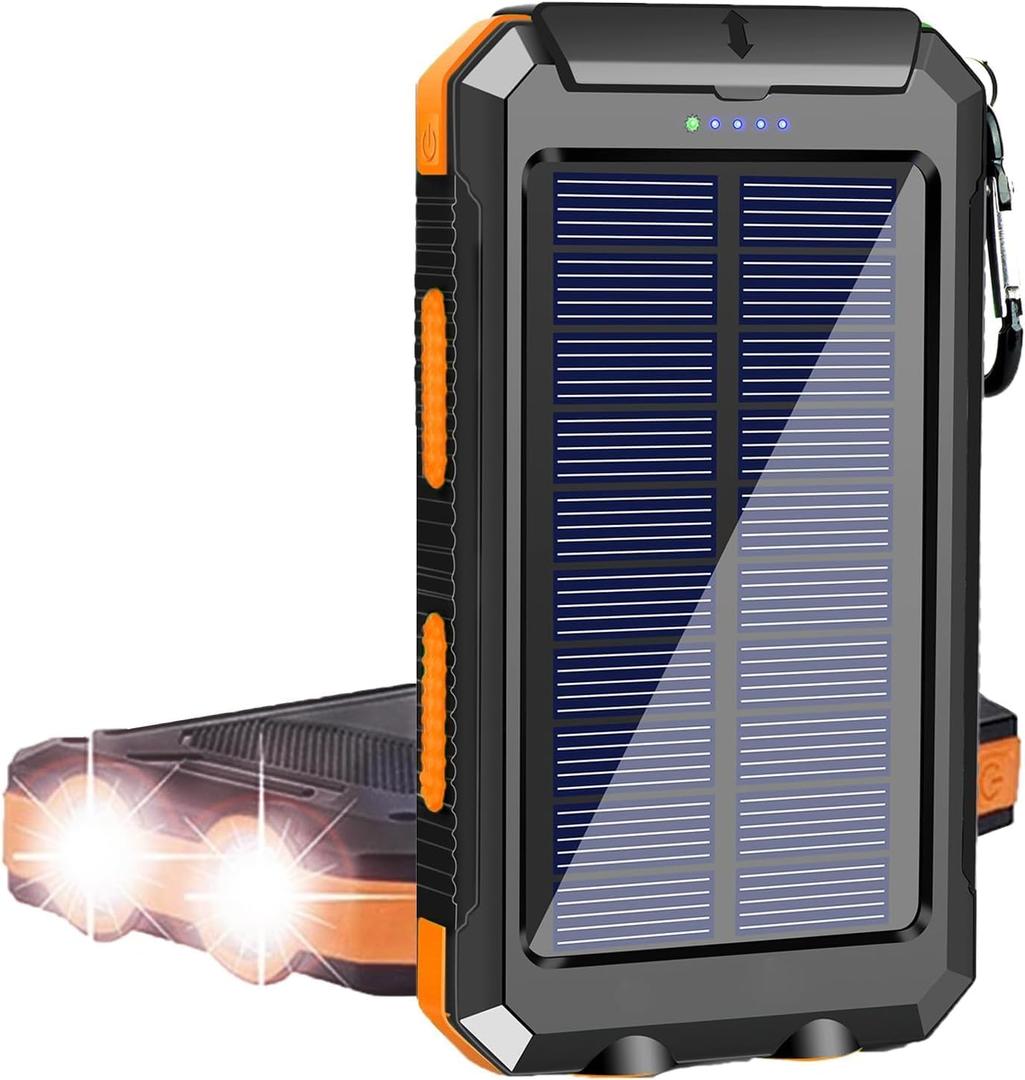 Solar Charger, 38800mAh Portable Type-C Solar Power Bank for All Cellphones, Waterproof Battery Pack, Outdoor External Backup Power Charger Three Outputs/LED Flashlights, Perfect for Camping Travel