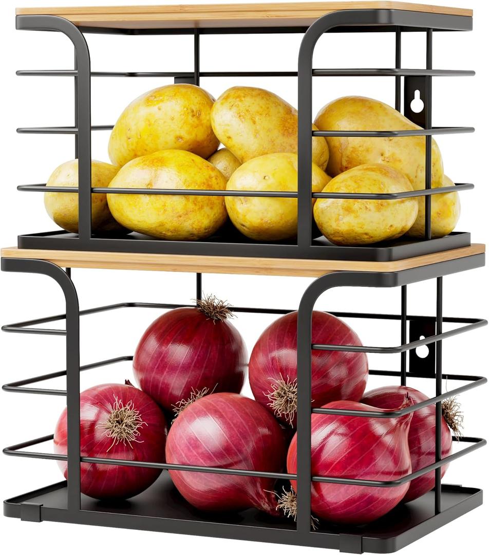 2 Pack Potato and Onion Storage Bin,Stackable Pantry Organizers and Storage with PP Liner and Bamboo Top,Kitchen Storage Organization Counter Basket for Fruits,Produce,Vegetable, Black