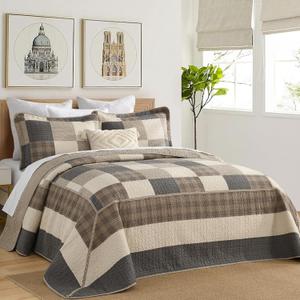 Farmhouse Bedspreads Queen Size 102"x120" - 100% Cotton Lightweight Oversized Queen Quilt with 2 Pillowshams, Printed Plaid Quilted Bedding Coverlet for All Season, Charcoal/Beige/Brown