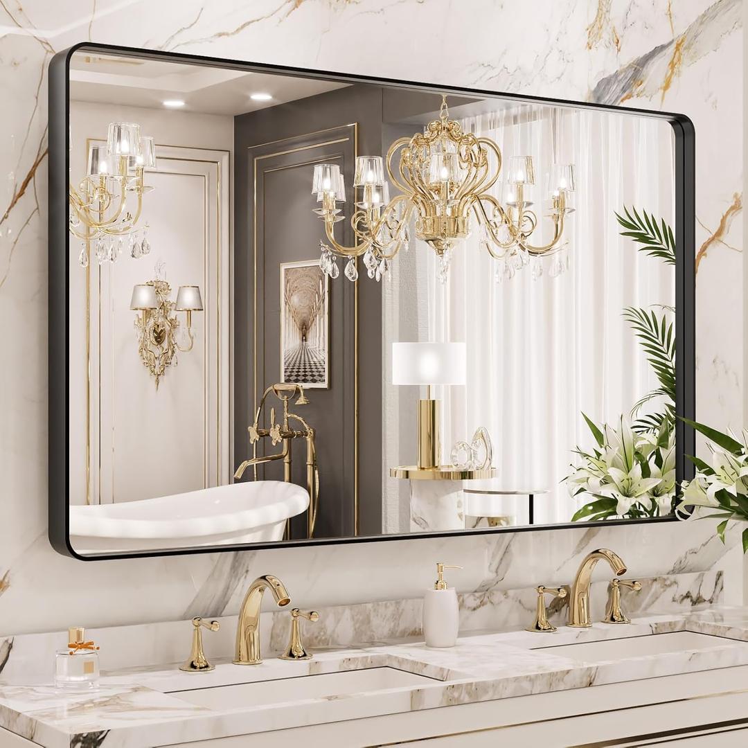 LOAAO 50X30 Inch Black Metal Framed Bathroom Mirror for Wall, Matte Black Bathroom Vanity Mirror Farmhouse, Large Rounded Rectangle Mirror, Anti-Rust, Tempered Glass, Hangs Horizontally or Vertically