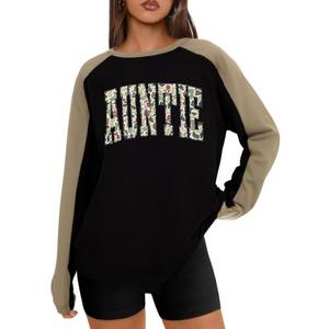 Long Sleeve Mama Shirts for Women Mama Letter Printed T Shirt Auntie Graphic Tees Funny Mom Pullover Top (Black, M)