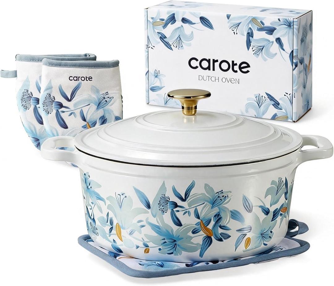 CAROTE 5 QT Cast Iron Dutch Oven Pot with Lid, Enameled Floral Dutch Ovens with Cotton Potholders & Oven Gloves, Gift Box, Cast Iron Pot for Sourdough Bread Baking, Braising, Stews, Roasting, Dual Handles, All Stovetop Compatible, Oven Safe up to 500 F, White & Blue