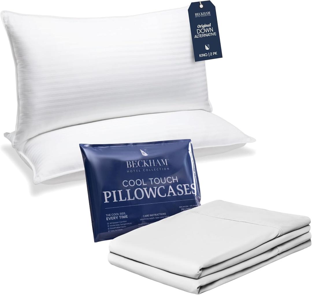 Beckham Hotel Collection Bed Pillows with Cooling Pillowcases for Hot Sleepers, King Size Sets of 2, Soft Down Alternative Pillow for Sleeping, Envelope Cases, White