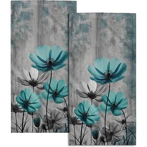 Teal Grey Poppy Flower Kitchen Dish Towels Set of 2, Turquoise Floral Drying Hand Towel Baking Cooking Cloth, Spring Summer Bathroom Home Decoration 18 x 26 Inches