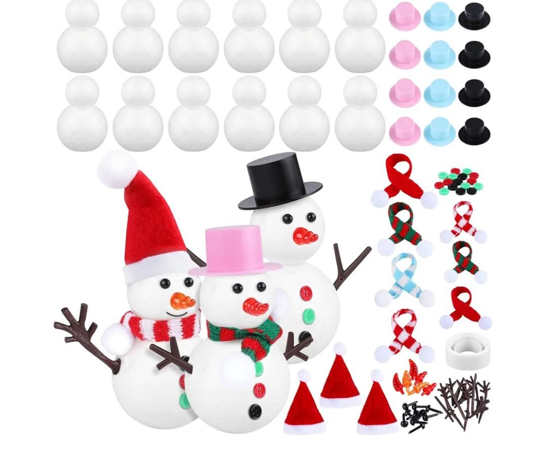 Fovths 12 Sets Christmas Snowman DIY Craft Kit Build Snowman Making Set Model Foam Kids Christmas Gift Winter Game for Christmas Holiday Party Home Supplies