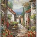 Italy Town Painting Tuscany Wall Art Streets of Mediterranean Towns Canvas Prints Landscape Picture Framed Ready to Hang Farmhouse Decor 20 x 24 Inch (23.6"L x 19.7"W, V01)
