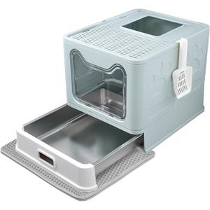 Enclosed Cat Litter Box with Lid Top Exit Covered Metal Stainless Steel Litter Box Leak Proof & Odorless Easy to Clean Including Cat Litter Scoop and Litter Mat (Blue)