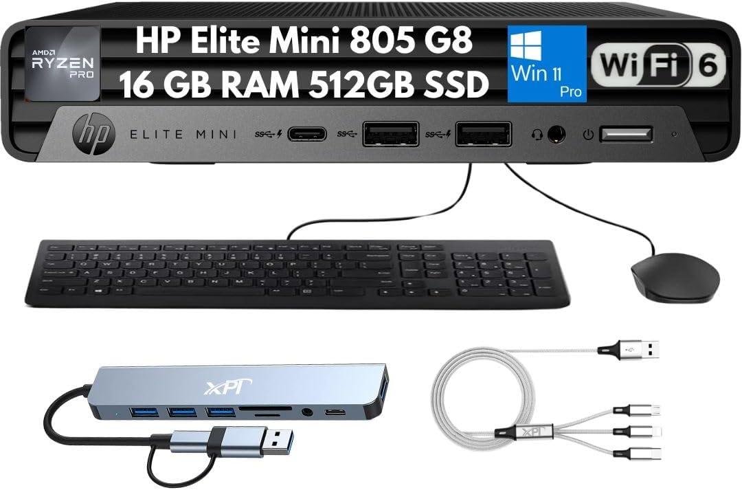 Elite Mini 805 G8 Mini Desktop 2025, AMD Ryzen 5 PRO 5650G (6-Core), 16GB RAM, 512GB SSD, 4K Display Support, Quiet Operation, Docking Station, Wi-Fi 6, Ethernet, Keyboard & Mouse, Windows 11 Pro