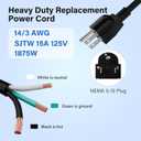 Elecan 14 Gauge 3 Prong Replacement Power Supply Cord 12 Ft with Pigtail Open Wiring End, 14/3 Extension Wire Electric Tool Cable Plug, SJTW ETL, 15 Amp/125V, Indoor&Outdoor for Appliances&DIY-E