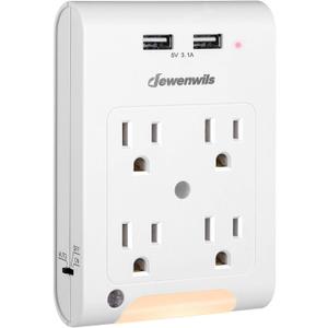 DEWENWILS 4-Outlet Extender, Wall Outlet Adapter with 2 USB Ports(3.1A Total), Light Sensor Night Light, 1080 Joules Surge Protector, ETL Listed, White