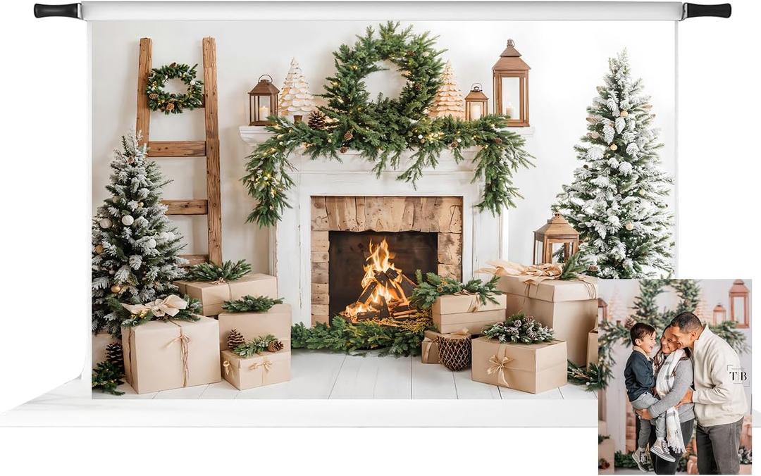 Kate Christmas Tree Photography Backdrop White Fireplace Background for Photos Gift Box Backdrop Portrait for Photo Studio, 10x6.5ft