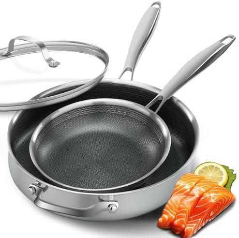 Non Stick Frying Pans,Hybrid Frying Pan with Lid,Non Toxic Frying Pans Nonstick,Stainless Steel Skillet,Dishwasher and Oven-Safe,Compatible with All Cooktops, 2-Piece Set (8+11in)