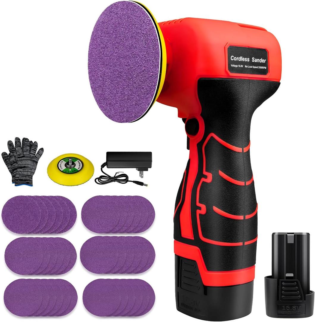 16.8V Cordless Electric Sander with 36PCS Sandpapers, 3500 RPM, 3.0Ah Battery, Lightweight & Compact Design for Wood, Metal, Paint Removal, and DIY Projects