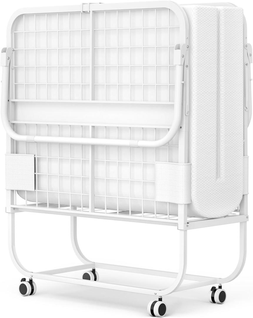 Homieasy Folding Bed with Mattress, Portable Foldable Guest Bed with Storage Cover - Memory Foam Mattress & Metal Frame, Cot Size - White, 75' x 31'