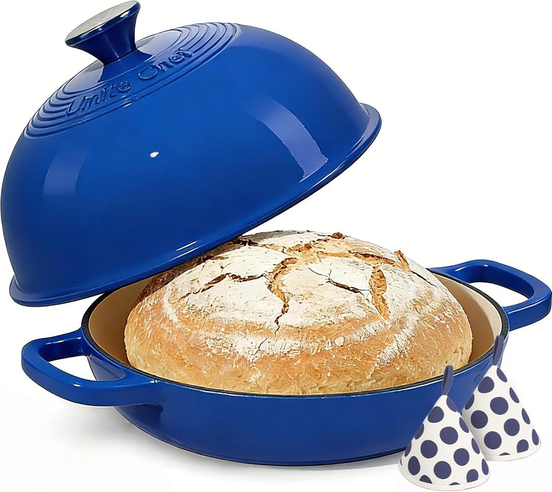 Enamelled Cast Iron Dutch Oven Pot  Dutch Oven Pot with Lid For Sourdough Bread Baking  Cast Iron Bread Oven  Dark Blue, Umite Chef 6QT Pot with Lid & Cotton Potholders