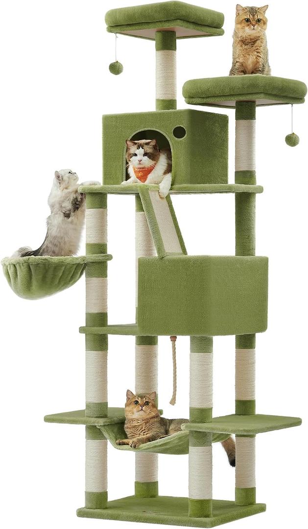 Feandrea Cat Tree, 81.1-Inch Large Cat Tower, Multi-Level Plush Condo with 13 Scratching Posts, 2 Perches, 2 Caves, Basket, Hammock, Pompoms, Green UPCT190C01