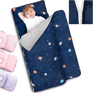 Primlect Toddler Nap Mat with Detachable Blanket and Removable Pillow, Kids Sleeping Bag 55''x35'' for Daycare Preschool Kindergarten, Toddler Sleeping Mat for Boys and Girls (Space Ship)