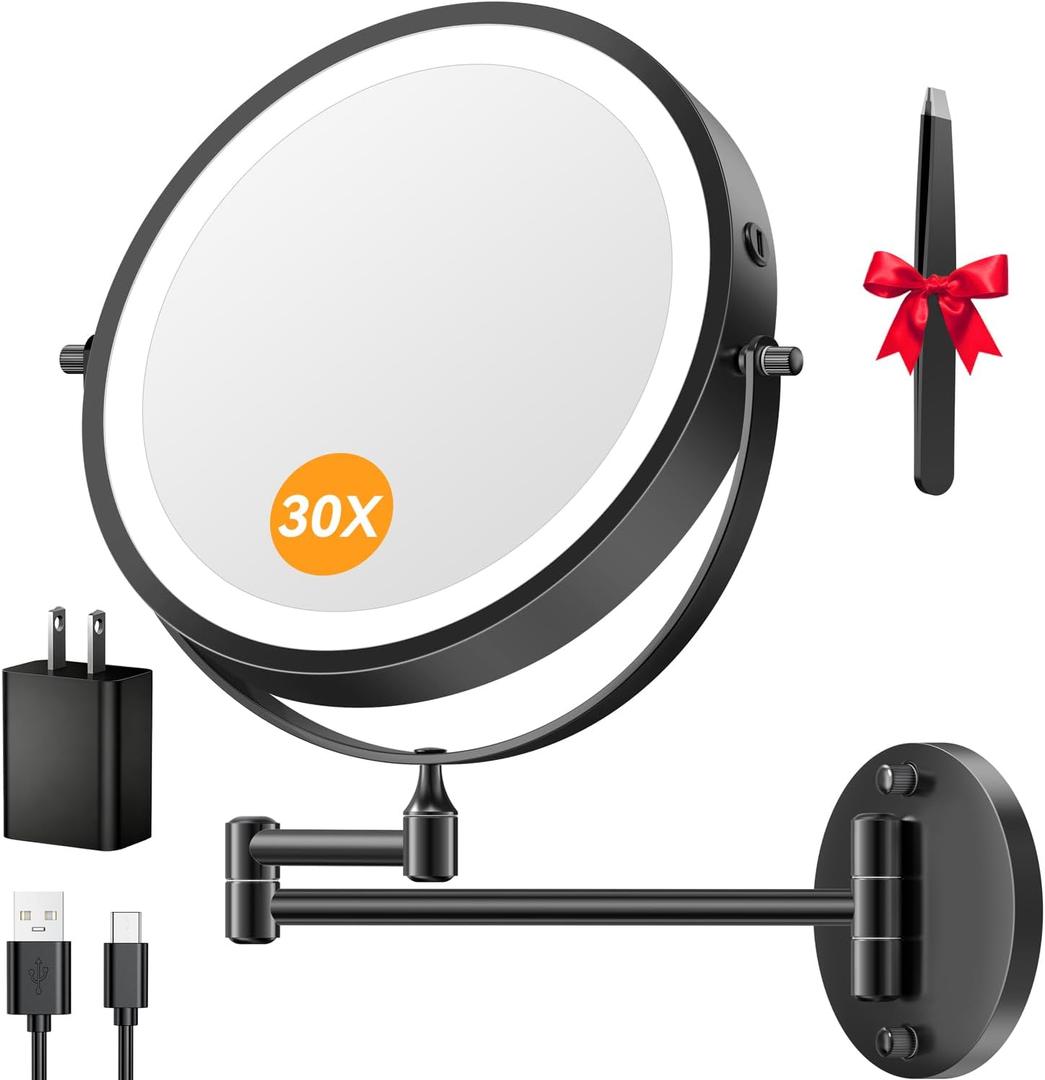 5000mAh Rechargeable Wall Mounted Lighted Makeup Mirror, 9'' 30X/1X Double-Sided Magnifying Mirror with Light, Bathroom Mirror Touch Dimmable 3 Colors 360° Rotation Extended Arm, Power Adapter