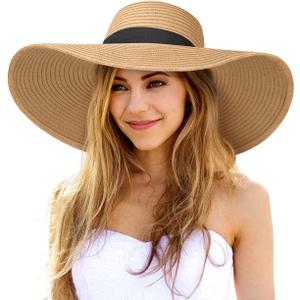 Senker Fashion Sun Hats for Women Oversize Wide Brim Straw Beach Hat Floppy Foldable Roll-Up Summer Vacation UPF 50+ (Large, Khaki)