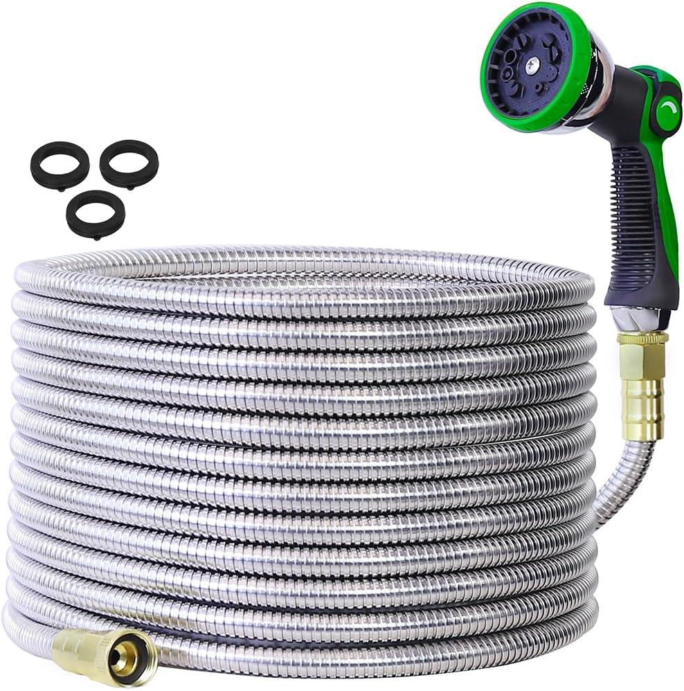 50FT Stainless Steel Metal Garden Hose - Kink-Proof & Tangle-Free, Includes 10-Pattern Spray Nozzle for Effortless Outdoor Watering and Cleaning