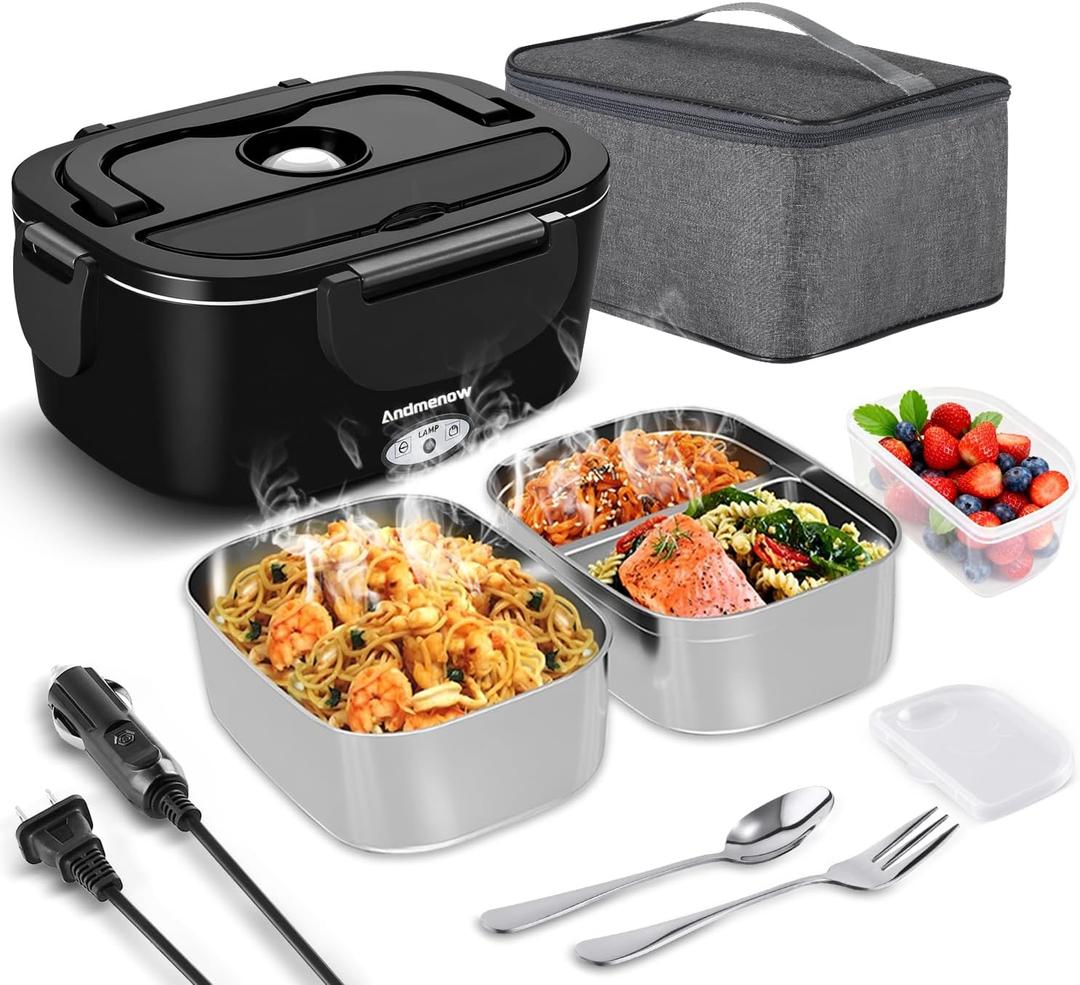 80W Electric Lunch Box food warmer for Adults, Portable Food Heater for Travel/Home/Office,12V/24V/110V Heated Lunch Box Suitable for Ideal Driver/Work/Gift, BLACK*2