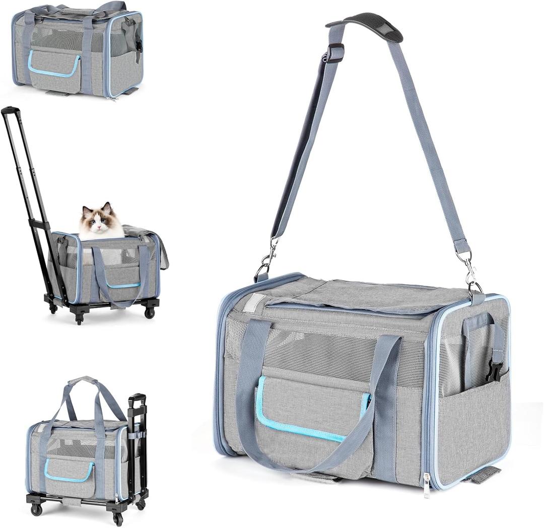 Pet Carrier for Small Pet, Cat Dog Carrier for Car Soft Sided Dog Rolling Crate Cat Travel Bag up to 20 Lbs (Blue-Grey)