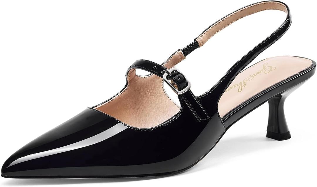 GENSHUO Women's Slingback Kitten Heels Pointed Closed Toe Low Heeled Pumps with Buckle Strap Elegant Dress Shoes for Wedding Party Prom and Work Dating (8.5, Black)