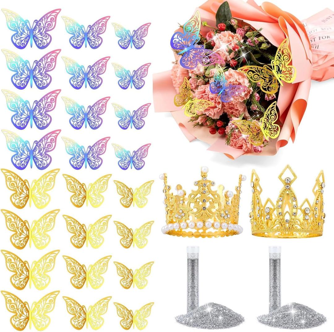 MARFOREVER Flower Bouquet Accessories Set, 2 Gold Crown 24 Pcs 3D Mixed Butterfly Decorations and 2 Sliver Glitter Powder for Mother's Day Valentine's Day Cake Topper Wedding Birthday Party Decor