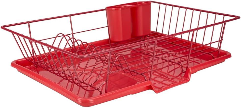 Dish Drying Rack (Red) | By Home Basics | Dish Drainers For Kitchen Counter | With Sloping Tray and Utensil Holder | Big Dish Drying Rack
