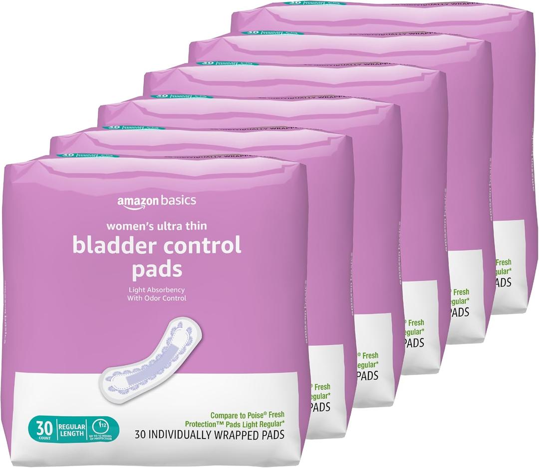 Amazon Basics Women's Incontinence Pads, Postpartum, Bladder Control, Light Absorbency, Unscented, 180 Count (6 Packs of 30) Regular