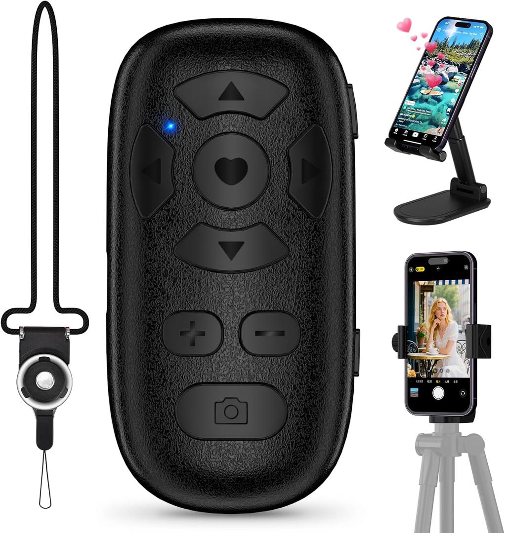 Wireless Camera Remote Control for iPhone & Android, TikTok Scrolling Remote with Phone Holder and Tripod Mount Adapter, Bluetooth Photo and Video Clicker with Front/Rear Camera Switch Neck Strap (Black)