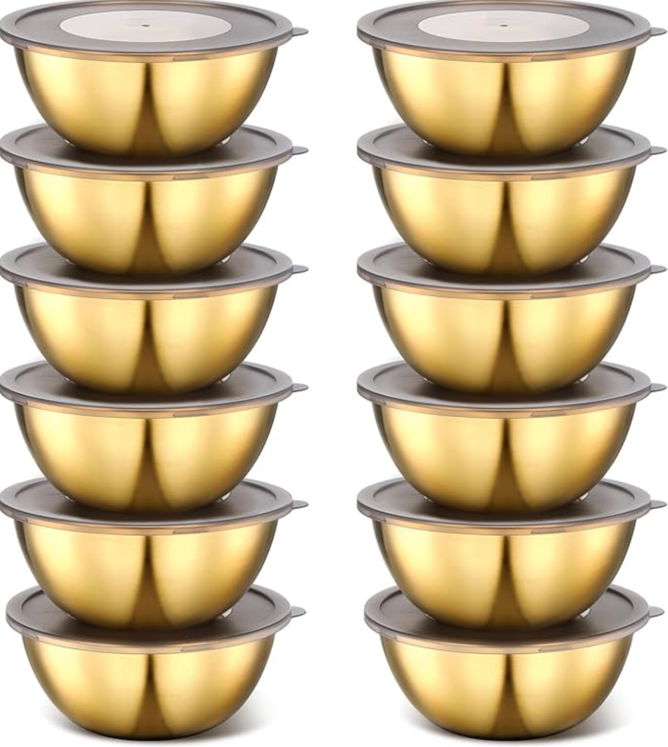Nuogo 12 Pack 6.69 inches Gold Mixing Bowls with Airtight Lids Gold Stainless Steel Serving Bowl Metal Salad Fruit Soup Kitchen Accessories for Lunch Snack