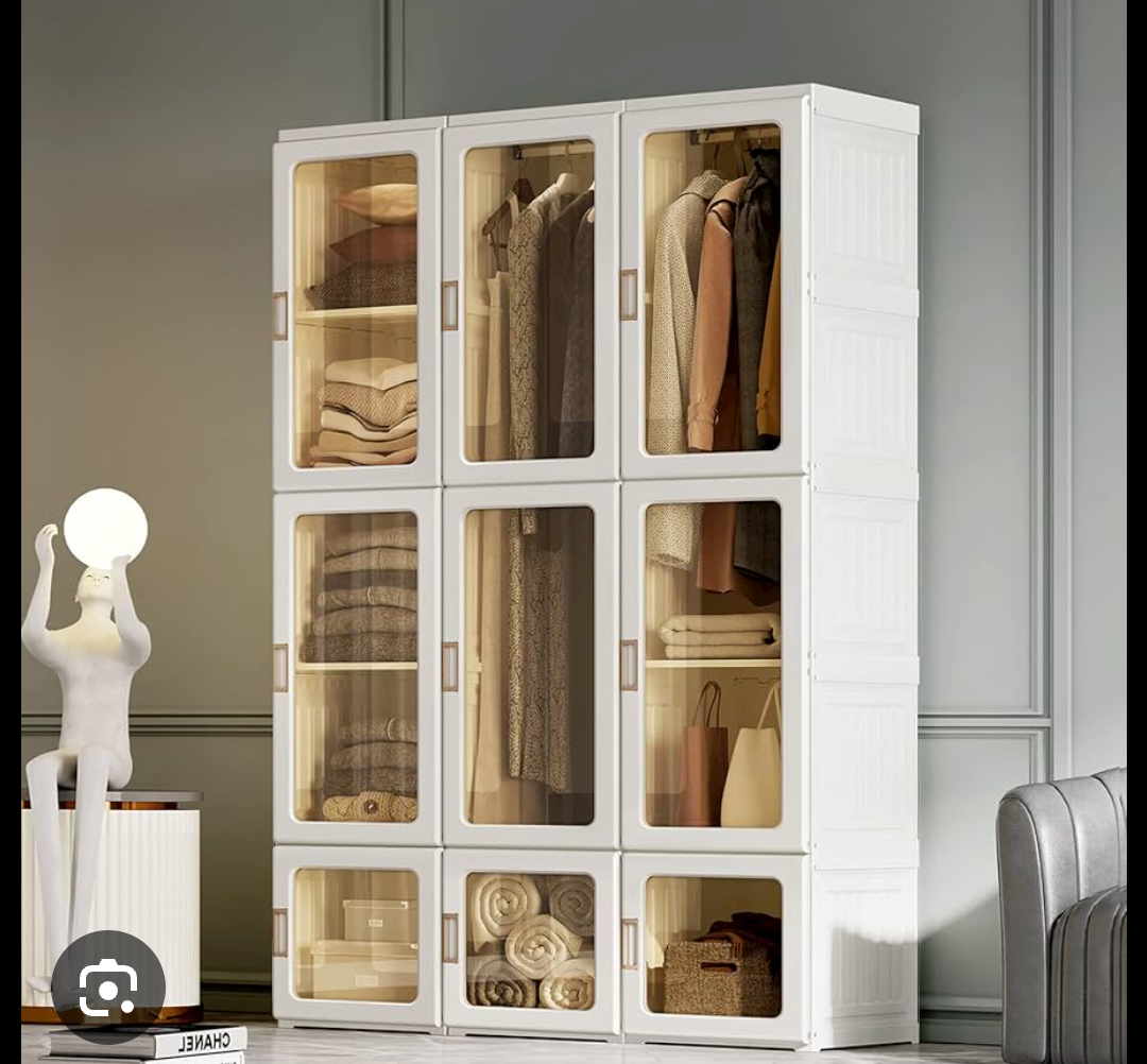 Portable Wardrobe Closet Storage Organizer for Clothes,Suitable for Living Room, Bedroom,Plastic Wardrobe with Magnetic Transparent Door and Easy Assembly 8 Cubes & 2 Hanging Rod