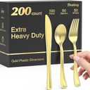 Dealusy 200 Count Heavy Duty Gold Plastic Silverware, 100 Forks, 50 Spoons, 50 Knives, BPA-Free, Heat Resistant, Disposable Plastic Utensils Set Cutlery Set, Plasticware Bulk