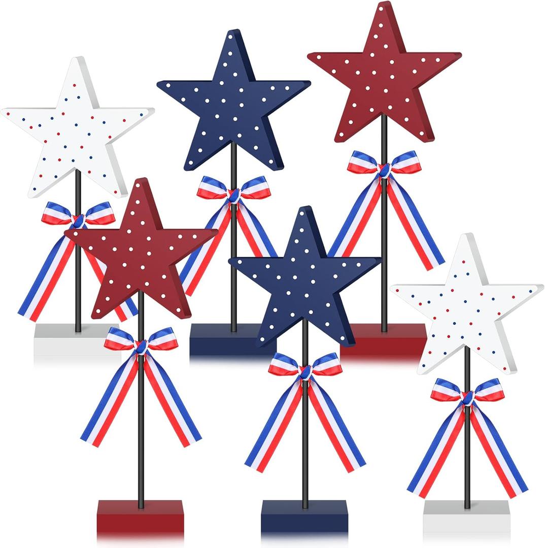 6 Pcs Patriotic Table Decor Memorial Day Table Decorations Wooden Star Tiered Tray Decor Patriotic Red White Blue Tabletop Centerpiece Tall Standing for Veterans Independence Day Home Office