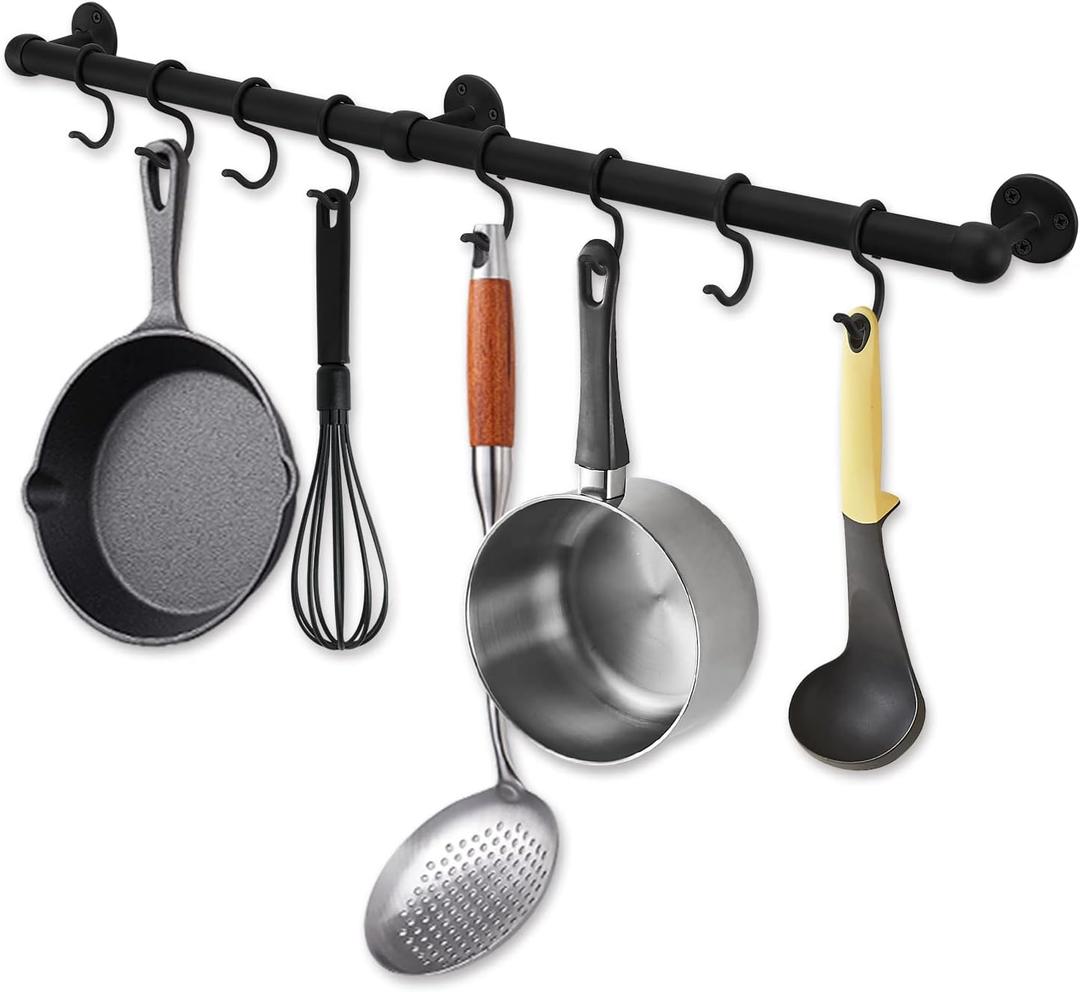 ROTHLEY Hanging Pot Rack Hanger: 23.7 Inch Stainless Steel Pot and Pan Hanger Pot Rack Wall Mounted Hanging Pots and Pans Rack Pot Hangers for Kitchen Wall Kitchen Rail with HooksMatt Black