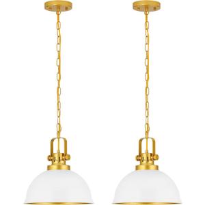 2-Pack White and Gold Pendant Lights Kitchen Island, Modern Matte White Dome Pendant Lighting with Adjustable Chain Light Fixture for Kitchen Dining Room Restaurant Foyer Entrance Sink