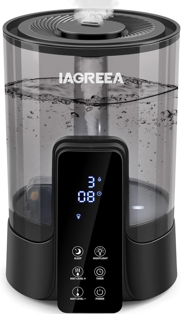 IAGREEA Humidifiers for Bedroom Large Room Home, 5L Ultrasonic Quiet Sleep Mode Cool Mist Humidifier with Essential Oil Tray, Top Fill Humidifier for Plant Baby, 3-level Humidity Design, Auto Shut-off
