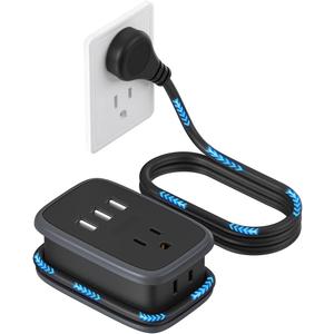 NTONPOWER Travel Power Strip with USB Ports, Portable Small Power Strip with 3FT Wrapped Flat Plug Extension Cord, 2 Outlets 3 USB Ports, Non Surge Protector for Cruise Ship Hotel Black