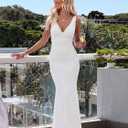 BORIFLORS Women's Sexy V Neck Bodycon Maxi Cocktail Dress Mesh Sleeveless Beach Wedding Guest Long Formal Dresses, Medium, White