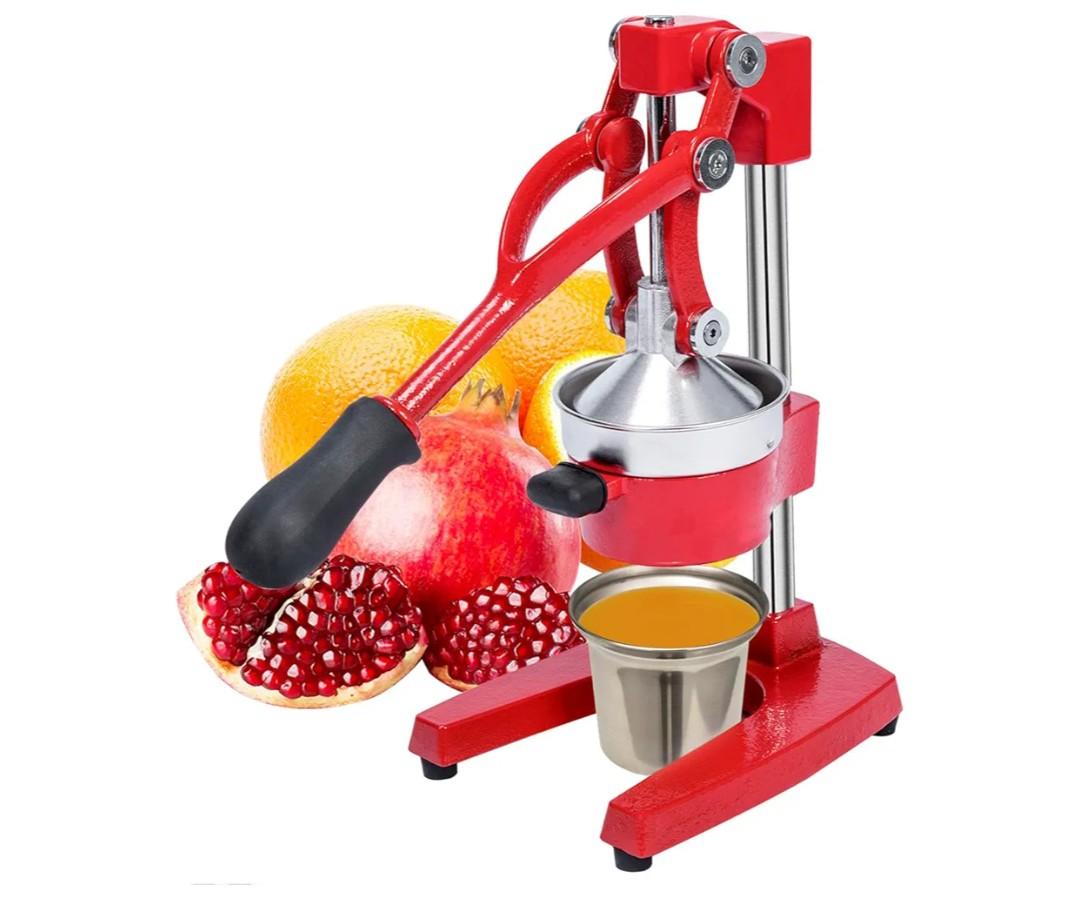 Commercial Heavy Duty Cast Iron Hand Press Manual Orange Citrus Lemon Lime Grapefruit Pomegranate Fruit Juice Squeezer Machine with Stainless Steel Cup Red