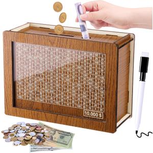 Cash Vault Wooden Savings Box, Wooden Cash Saver Money Box, Cash Coin Retro Money Savings Box with Counter, Saving Challenge Box 10,000, Money Box for Kids Adults (Lightbrown)